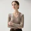 Suéter Cálido de Punto Canalé Color Sólido, Estilo Simple, Manga Larga, Cuello en V, Cachemira, Nuevo Estilo Otoño/Invierno 2026 para Mujer, Adelgazante, Capa Base