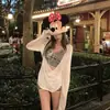 Camiseta de Manga Larga Estilo Nuevo Chica Caliente, Cubierta Protectora Solar para Mujer, Traje de Baño Rayado Ajustado con Abertura, Bikini para Aguas Termales