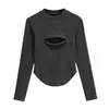 Camiseta Sexy Estilo Americano com Zíper no Peito Gola Redonda Manga Longa Outono e Inverno Nova Slim-fit Emagrecedora Base Curva Camisa Top