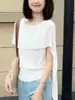 Camiseta de Punto Irregular Blanca Calada sin Hombros de Manga Corta para Mujer, Estilo de Verano de Alta Gama, Top tipo Chal Falso de Dos Piezas