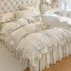 Saia de Cama de Algodão Puro Estilo Coreano Peça Única 2025 Novo Estilo Saia de Cama Cobertura Lençol de Cama Totalmente Algodão com Borda de Saia Cobertura de Cama Antiderrapante Conjunto de Quatro Peças