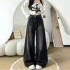 Jeans Wide Leg Lavado Preto-Cinza de Cintura Alta Plus Size, Calças de Outono Femininas com Design Soltas Emagrecedoras, Calças de Comprimento Total
