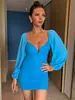 Vestido de Malla Ajustado Estilo Francés Picante para Mujer con Escote Cuadrado y Mangas Abullonadas, Vestido Corto Sexy Europeo y Americano con Fruncido en la Cintura