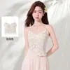 Camisola Langsha Flor de Camelia Francesa 32A Antibacteriana Encaje Dulce Picante Correas Traseras Bonitas Almohadillas de Sujetador Integradas Top sin Mangas Sexy