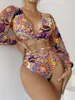 Traje de Baño Sexy de Manga Larga con Protección Solar de Nuevo Estilo Transfronterizo de Cintura Alta Estilo Étnico con Tirantes de Gama Alta para Playa Dividido para Mujer
