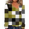 Transfronterizo Amazon AliExpress wish otoño e invierno Nuevo cuello en V manga larga a cuadros estampado commuter casual camiseta top