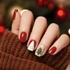 Nueñas Portátiles de Navidad 24 Piezas Cuadradas Europeas Cortas Piezas de Uñas Artísticas de Muñeco de Nieve Blanco Uñas Postizas de Pino Navideño