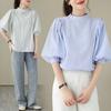Camisa de manga corta holgada con cuello redondo pequeño, a rayas japonesas y coreanas, estilo francés abullonado, combinable con todo.