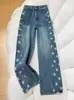 Jeans de mujer con estampado de estrellas y dobladillo curvo, nuevos de primavera-verano, de moda, de cintura alta, que cubren la cadera, para figura de pera, pantalones anchos vintage