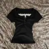 2026 Verano Estilo Europeo y Americano Transfronterizo Falso Dos Piezas Encaje Puro Adorno Color de Contraste Ajustado Botón Manga Corta Camiseta Top para Mujer