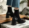 Botines elásticos ajustados con estampado de camelia para mujer, otoño e invierno, punta redonda, tacón grueso, diseño retro de patchwork, efecto adelgazante, adecuados para el trabajo y el uso diario