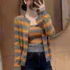 Cardigã de malha listrado laranja em camadas estilo coreano, novo suéter feminino outono/inverno, peça externa, conjunto de duas peças