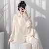 Muzhen Silk 26º Aniversário Novo Estilo Minimalista Conjunto de Pijama de Algodão e Seda Camisa de Manga Longa Feminina Roupa de Casa Fina Respirável de Alta Qualidade