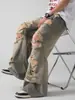 Calça Jeans Masculina Tendência Estilo Wasteland Rasgada Solta Reta Perna Larga High Street Retrô Americano Desgastado