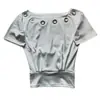 Nueva Camiseta Vintage Blanca Perforada con Botones Estilo Ins Hombros Descubiertos Cintura Ceñida Estilo Coreano y Japonés Minimalista