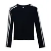 Camiseta Listrada Ribbed Chic de Seda de Caranguejo Wubi com Mangas Longas para Mulheres, Top de Camada Interna Raglan Slim Fit Outono/Inverno