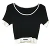 Camiseta Vintage Listrada Off-Shoulder para Mulheres, Design de Nicho Americano, Verão Malha Manga Curta Seda Gelada Cropped Fino