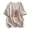 Toma Real de Tops de Algodón y Lino Estampados Vintage para Mujer, Suéter Holgado de Cuello Redondo y Manga Media, Camiseta Versátil y Transpirable para Mujer