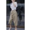 22628 Da Ai Mei Yuan 2025 Novo Top Branco Redutor de Idade, Calça Casual Fashion, Calça Cropped de Cintura Alta Wide Leg para Mulheres, Tendência