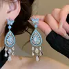 Elegância vintage! Brincos de franja em gota d'água com zircônia azul, brincos estilo corte francês, sensação de luxo leve e alta qualidade para mulheres