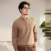 Novo suéter de malha masculino casual de inverno e outono, com zíper parcial, quente, de cashmere puro 100% caxemira de cabra