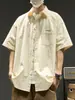 Camisa masculina de manga curta para o verão, estilo japonês, cor sólida, versátil, estilo Hong Kong workwear, solta, leve, top casual