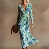 Vestido Transfronteiriço Novo Estilo com Decote em V e Mangas Longas com Elementos de Impressão Digital 3D, Saia Fashion e Personalizada para Marcar a Cintura Feminina