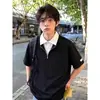 Camisa Branca Falsa de Duas Peças com Gola Polo, Camiseta Masculina de Manga Curta com Meio Zíper e Gola Reversível Estilo Americano, Manga Curta de Casal de Alta Qualidade