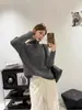 Suéter Canelado de Meio Zíper Novo Estilo Outono e Inverno para Mulheres, Gola Alta Roxa, Tricô Macio e Solto Estilo Preguiçoso para Mulheres