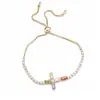 Pulsera extensible de cruz con circonita chapada en oro real de 18 quilates, pulsera de nicho de lujo ligero, joyería de estilo coreano de alta gama