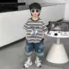 0795 Traje de Verano a Rayas de Manga Corta para Niños 2026 Nuevo Estilo Coreano Tendencia Ropa Casual de Verano para Niños