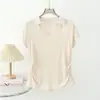 Camiseta de Viscose de Alta Qualidade para Mulheres, Manga Curta, Gola Lapela V, Franzido Lateral, Cor Sólida, Ajuste ao Corpo, Cintura Marcada, Estilo Versátil Multicor