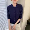 Atacado transfronteiriço outono e inverno 2025 novas malhas femininas, cor sólida, elegante, 16 pontos, com bolsos, cardigã de gola polo para o trabalho