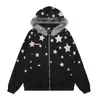 Sudadera con capucha y estampado de estrellas retro americano con cuello de pelo para hombre y mujer, nuevo diseño de otoño, chaqueta holgada casual moderna