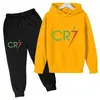 Suéter infantil europeu e americano para primavera e outono com estampa da letra Cr7, conjunto infantil de duas peças, logotipo personalizável