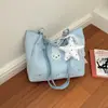 Bolso de Mano con Estampado de Estrellas Plateadas Ondulado Estilo Coreano para Niñas Aplicación de Conejo de Peluche Encaje Estrella Versátil Bolso de Hombro