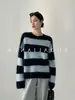 Suéter Pulóver Casual de Punto Suave de Punto Alto de Manga Larga con Rayas Azules para Mujer, Nuevo Otoño/Invierno