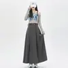 Toma real: Falda de traje gris para mujer, nueva falda plisada de otoño de longitud media, de cintura alta, que cubre la cadera, falda larga de línea A adelgazante