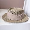 Sombrero de copa plana de paja salada tejida a mano europea y americana para mujer, sombrero de paja de verano, sombrero plano de copa cóncava francés, sombrero de moda hueco, moderno