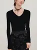 Suéter de tricô de lã com decote V suave estilo francês para mulheres, camisa base elástica slim fit para outono e inverno, macio e confortável para o trajeto