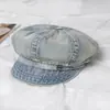 Boina de mezclilla desgastada y rota con ala grande, gorra de pintor tipo boina vintage para mujer que hace que la cara se vea más pequeña