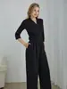 Ropa Europea y Americana para Mujer Transfronteriza Primavera y Otoño 2025 Mono Elegante de Color Puro con Cuello en V de Media Manga de Pierna Ancha