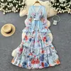 Vestido Feminino Estampado Floral Suave Decote V Estilo Francês, Vestido Longo de Manga Longa com Ajuste na Cintura Linha A para Primavera, Vestido Longo Elegante para o Trabalho