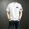 Nova camiseta masculina de verão, alta qualidade, moderna, versátil, com estampa de letras e montanha, manga curta, algodão, corte solto, gola redonda, pulôver