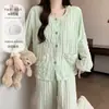 Pijama de Algodão Nuvem para Mulheres, Primavera e Outono, com Bojos, Doce e Fresco, Renda Fina, Manga Longa, Conjunto de Roupa de Casa para Meninas