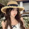 Sombrero de Paja de Copa Plana con Borde Crudo y Lazo, Versátil Protección Solar para la Costa, Nuevo para el Verano, Sombrero de Sol Tejido a Mano para Vacaciones