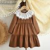 Vestido Bordado Estilo Corte Francês para Meninas, Novo Estilo Primavera e Outono, Elegante Vestido Princesa de Renda com Mangas Longas para Meninas, Transfronteiriço