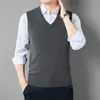 Colete masculino 100% lã para outono e inverno, gola V, sem mangas, adequado para pais, tamanhos grandes, colete de tricô, colete de lã