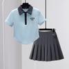 Traje de Verano para Niñas Camiseta de Manga Corta 100% Algodón para Niños Mayores 8 Polos Falda Plisada Estilo Preppy Conjunto Delgado de Dos Piezas