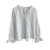 Blusa de renda com babados estilo coreano, cadarço, jacquard texturizado, decote V sutil, manga longa, modelagem solta para mulheres 26 H082110